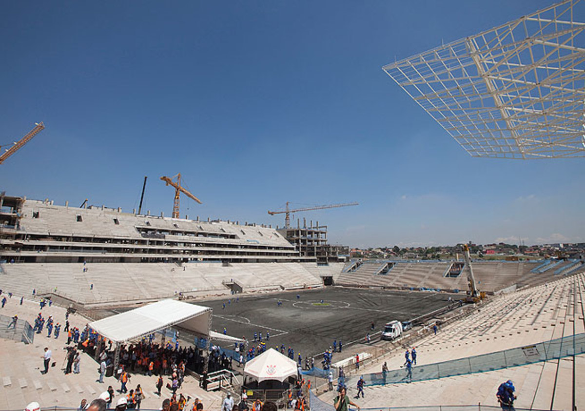 The stadium in Sao Paulo, which has yet to be finished, will host the opening game of the 2014 World Cup.