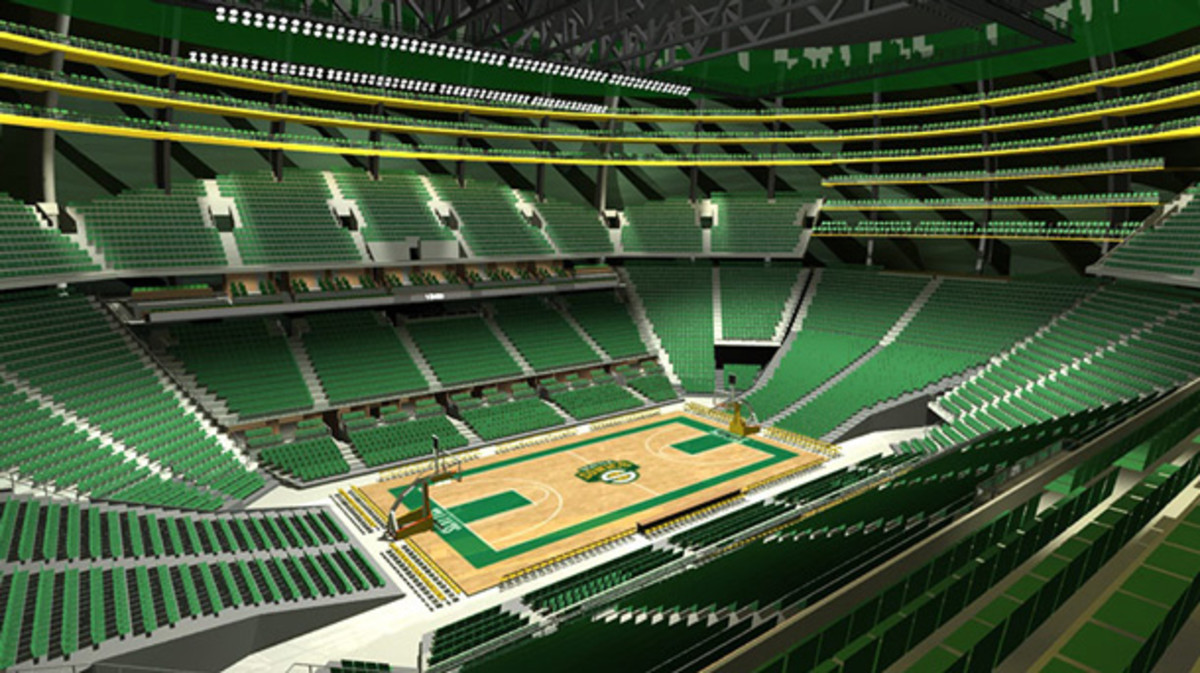 A rendering of the court view for a new Sonics arena. (SonicsArena.com)