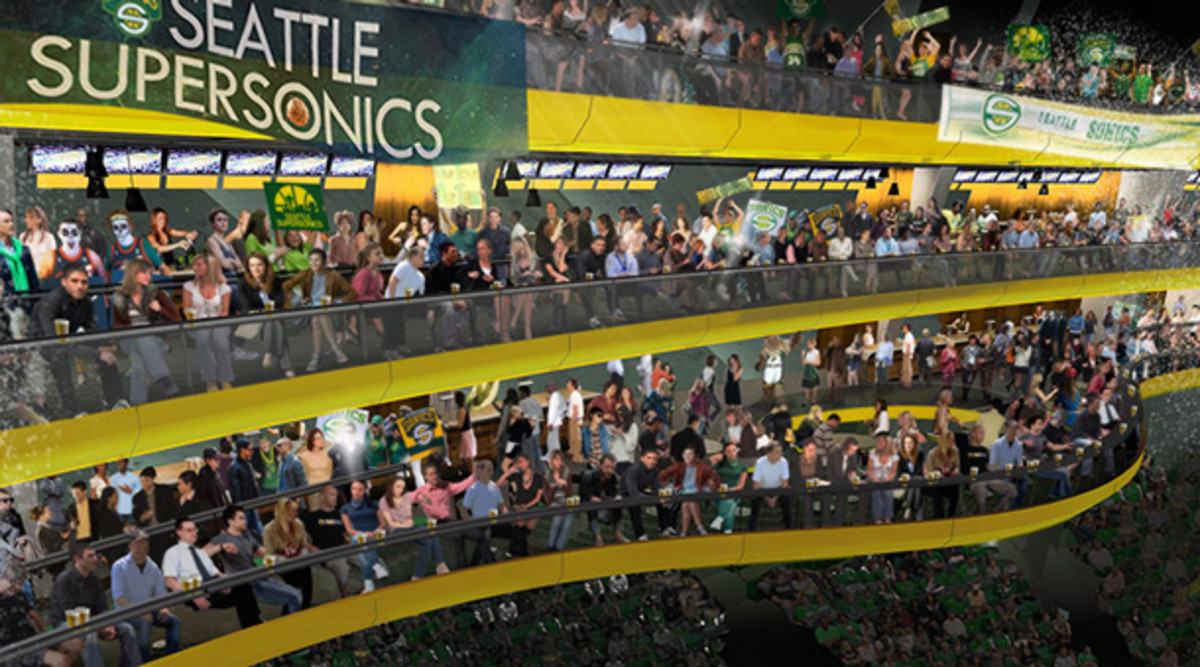 A rendering of the court view for a new Sonics arena. (SonicsArena.com)