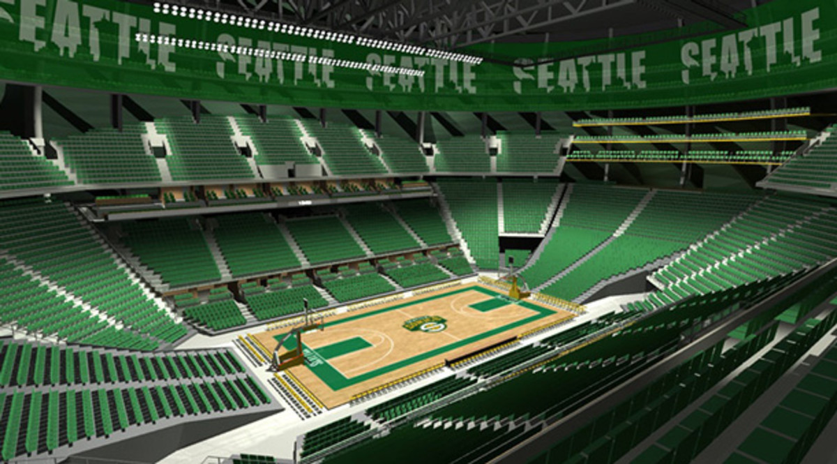 A rendering of the court view for a new Sonics arena. (SonicsArena.com)