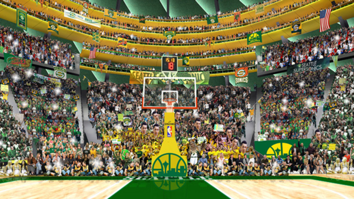 A rendering of the court view for a new Sonics arena. (SonicsArena.com)