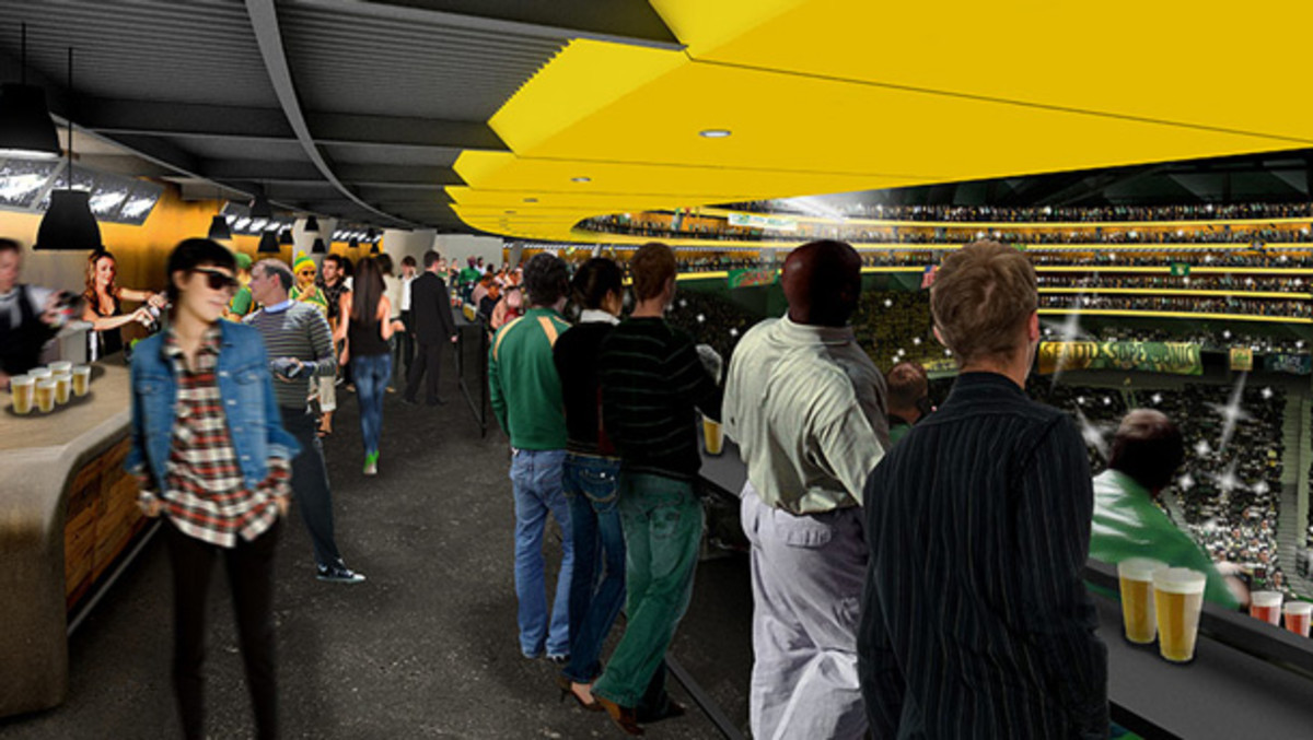 A rendering of the court view for a new Sonics arena. (SonicsArena.com)