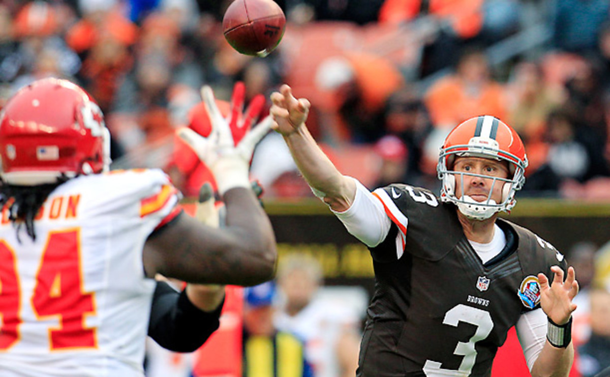 Brandon Weeden's 72.6 rating was sixth among regular starting rookie QBs in 2012. (Tony Dejak/AP)