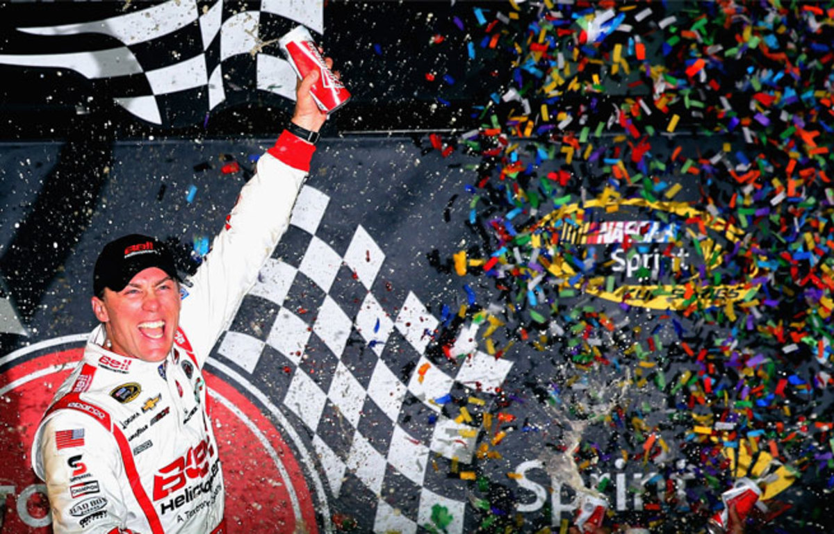 Kevin Harvick was seventh for the restart, but he rocketed through the field to snatch away the win.