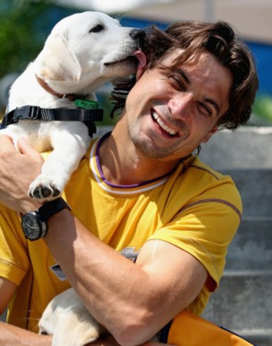 David Ferrer gets playful with a puppy in Melbourne in 2012. (Getty Images)