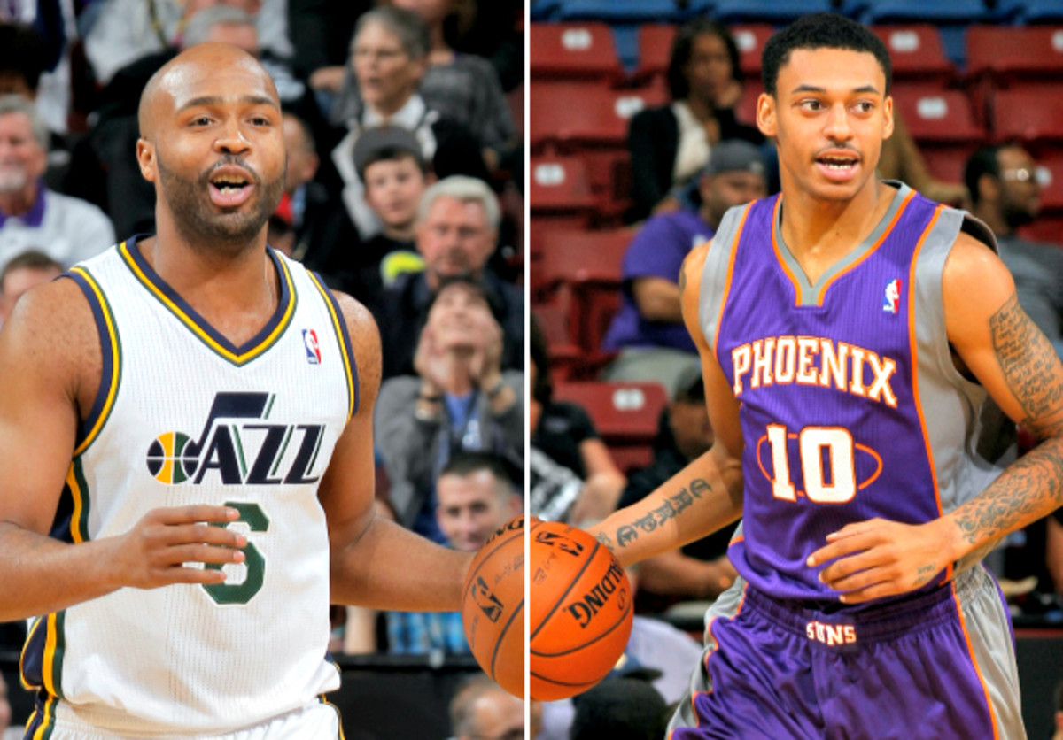 Jamaal Tinsley's (left) time is up in Utah, with Diante Garrett the reported front-runner for the Jazz's final roster spot. (Rocky Widner/NBAE via Getty Images)