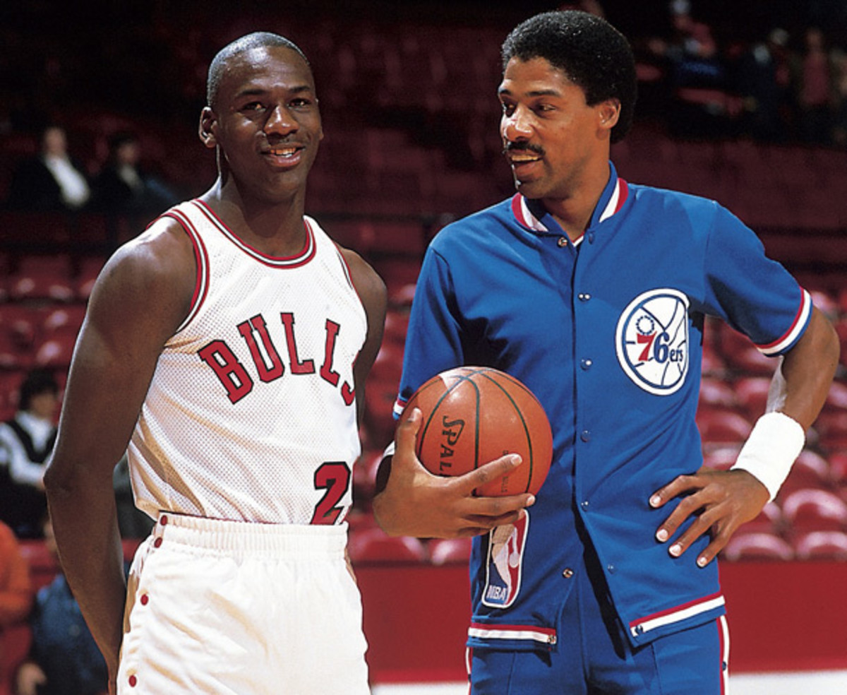 Jordan chats with Dr. J before a game against the 76ers. (Manny Millan/SI)