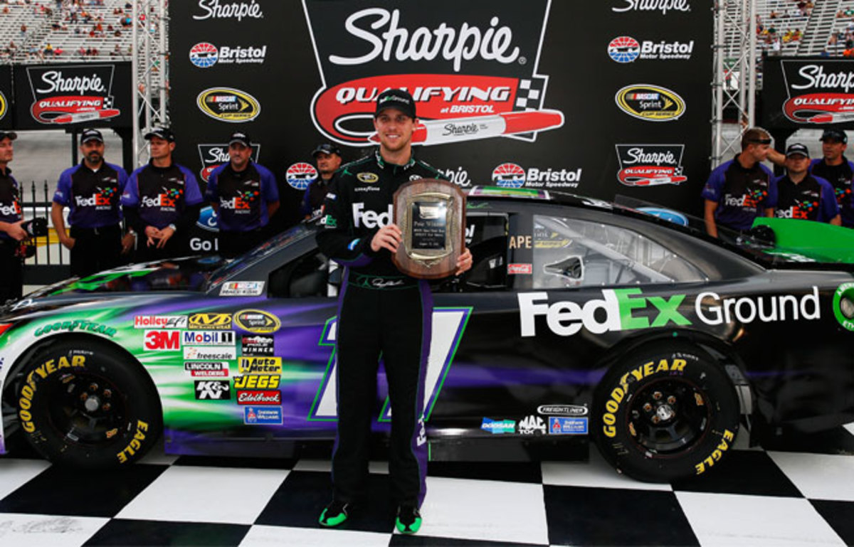 Hamlin turned a lap at 128.969 mph in Friday qualifying to take the top starting spot at Bristol.