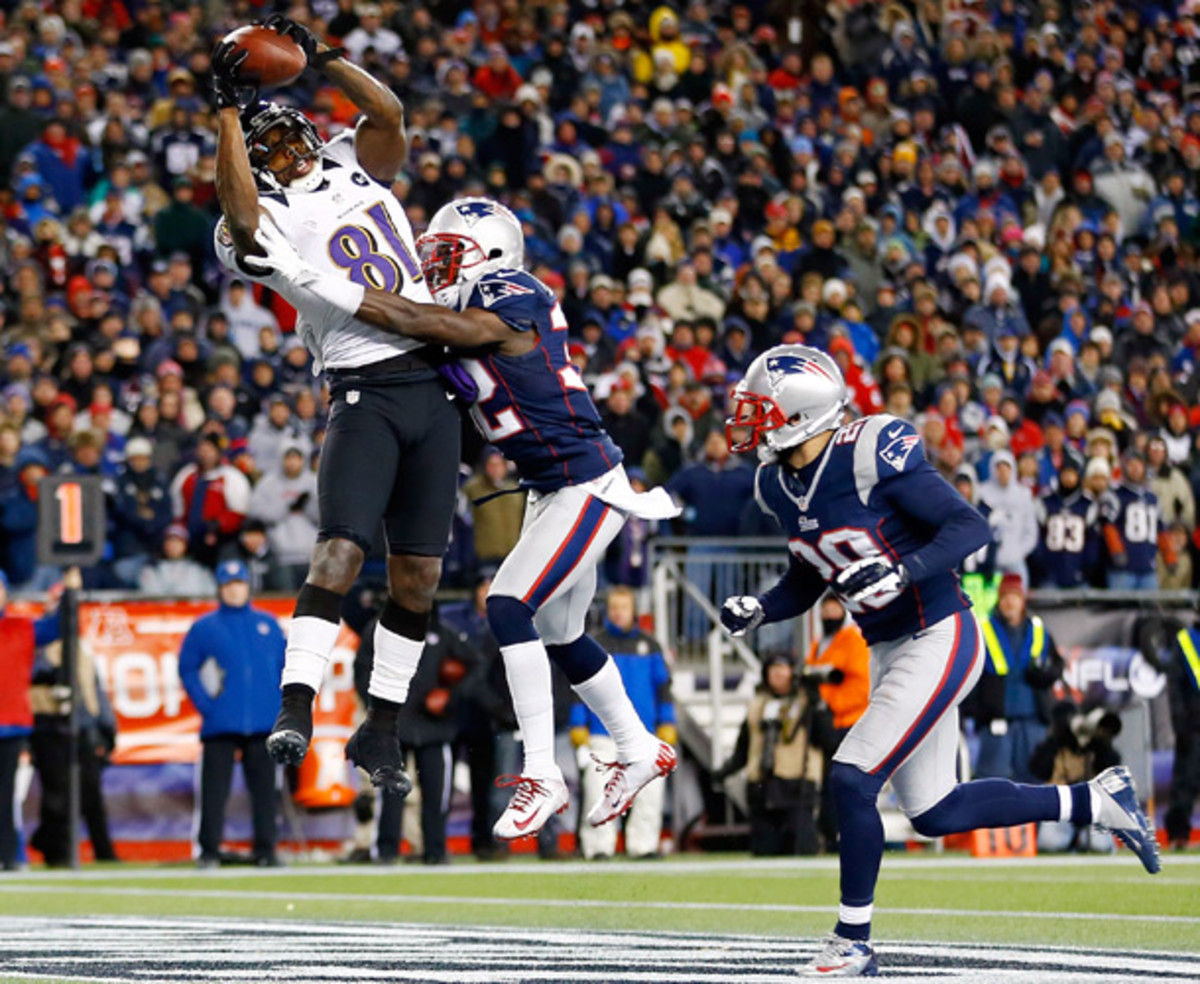 Anquan Boldin makes a leaping catch in the endzone to secure a victory over New England . With the win, Baltimore advanced to the Super Bowl. (Jared Wickerham/Getty Images)