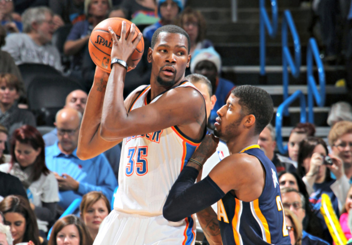 Kevin Durant upstaged Paul George in the Thunder's 118-94 win over the Pacers on Sunday. (Layne Murdoch Jr./NBAE via Getty Images)