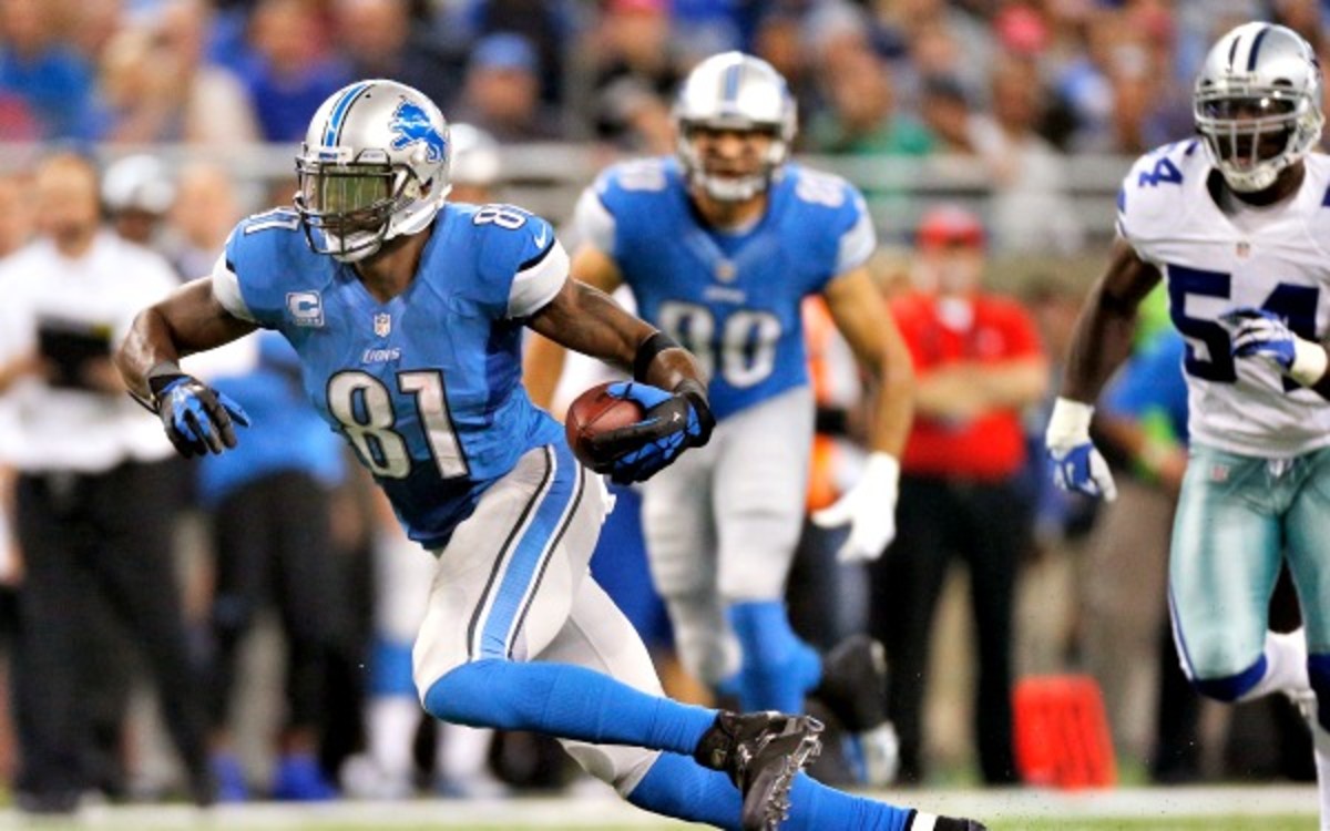 Detroit wideout Calvin Johnson leads the NFL with 821 receiving yards. (Gregory Shamus/Getty Images) 