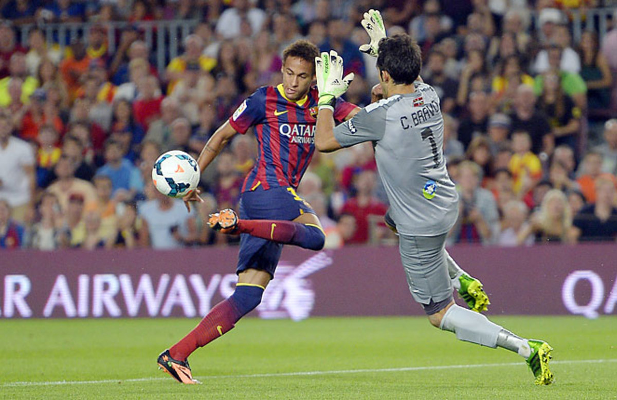 Neymar scored his first league goal of the season as Barcelona trounced Real Sociedad. 