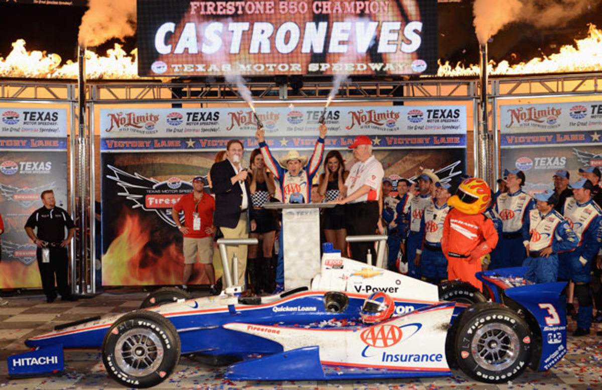 Helio Castroneves led the final 132 laps to secure his first IndyCar win of the season.