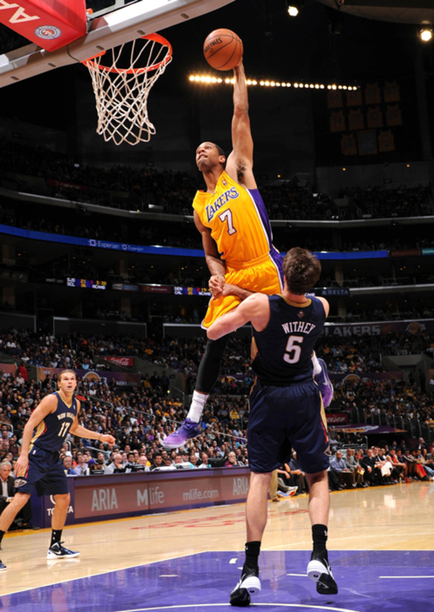 Lakers' Xavier Henry posterizes Pelicans' Jeff Withey (Andrew D. Bernstein/Getty Images) 