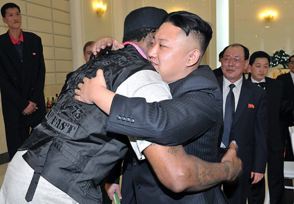 Dennis Rodman hugs Kim Jong Un