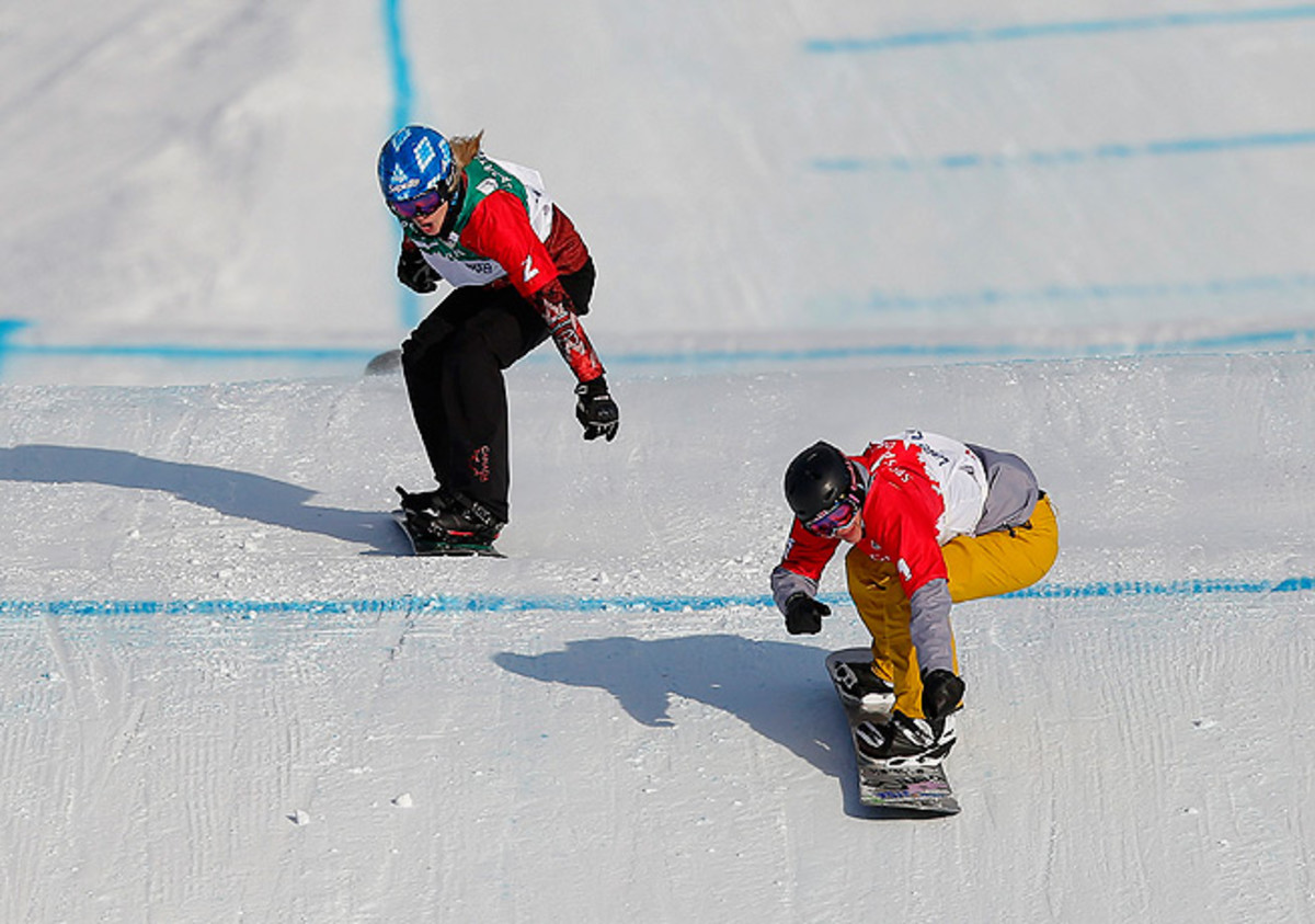 Lindsey Jacobellis (right) crossed the finish line ahead of Dominique Maltais of Canada.