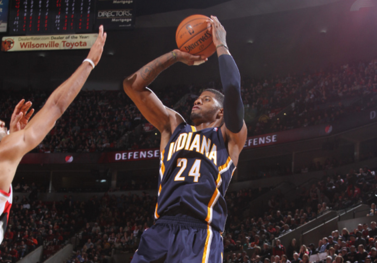 Paul George went 16-of-30 from the field against the Blazers on Monday. (Sam Forencich/NBAE via Getty Images)