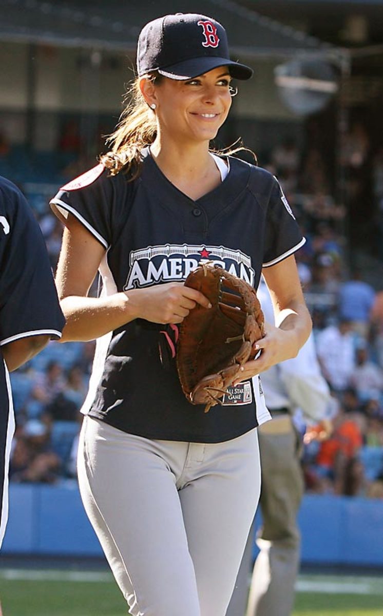 Television host Maria Menounos shows off the Boston Red Sox logo on her  jersey before the All-Star Legends & Celebrity softball game, Sunday, July  11, 2010, in Anaheim, Calif. (AP Photo/Jae C.