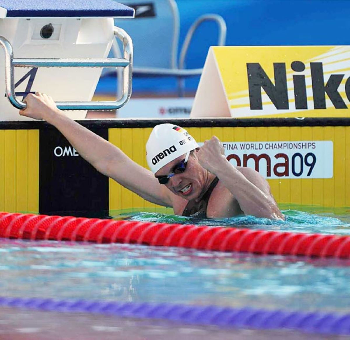 Paul Biedermann celebrates after winning the 200m freestyle