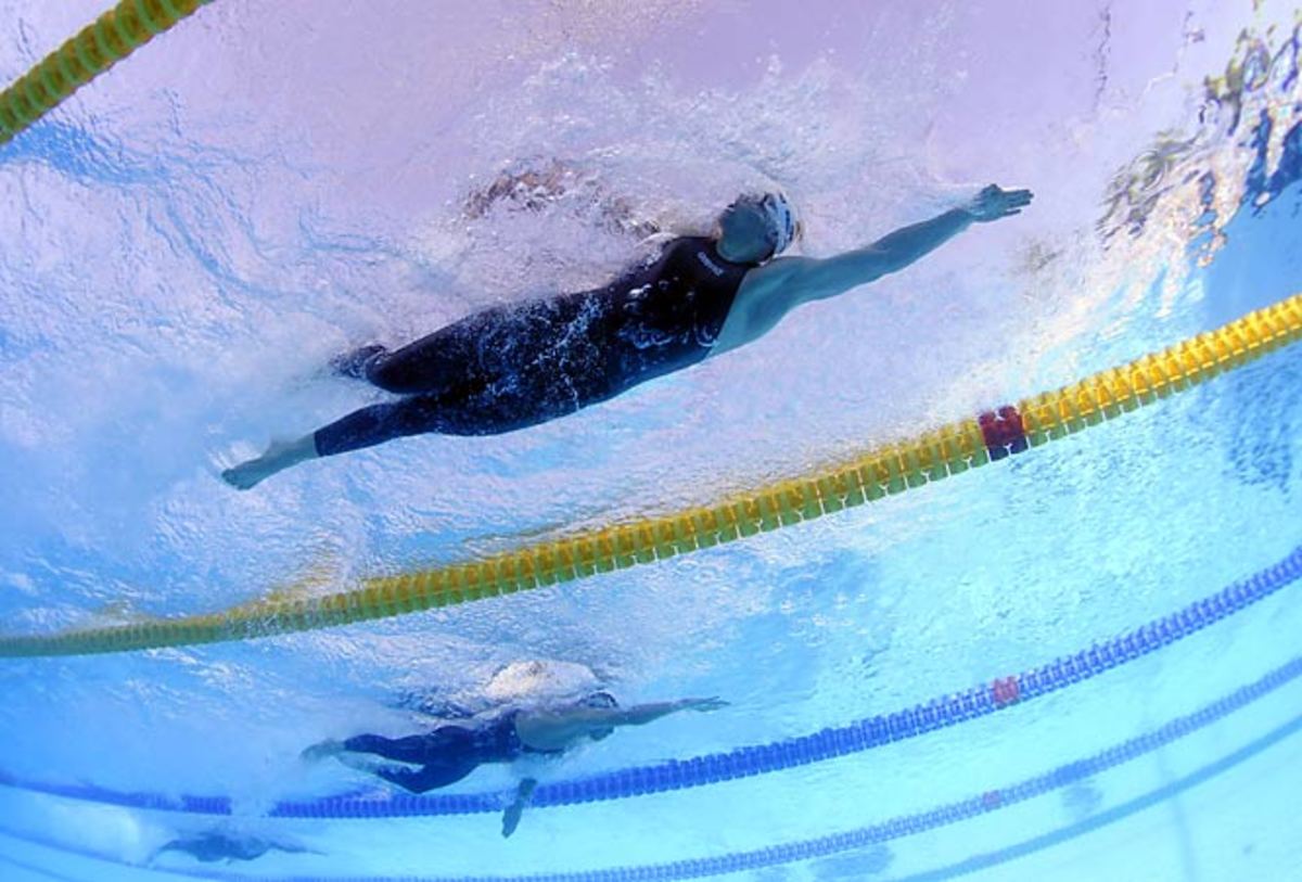 Paul Biedermann (top) leads Michael Phelps in the 200m freestyle