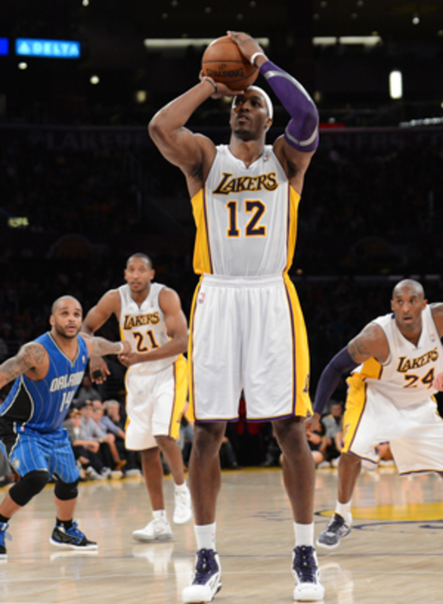 Dwight Howard launches another prayer at the free throw line (Noah Graham/Getty Images).