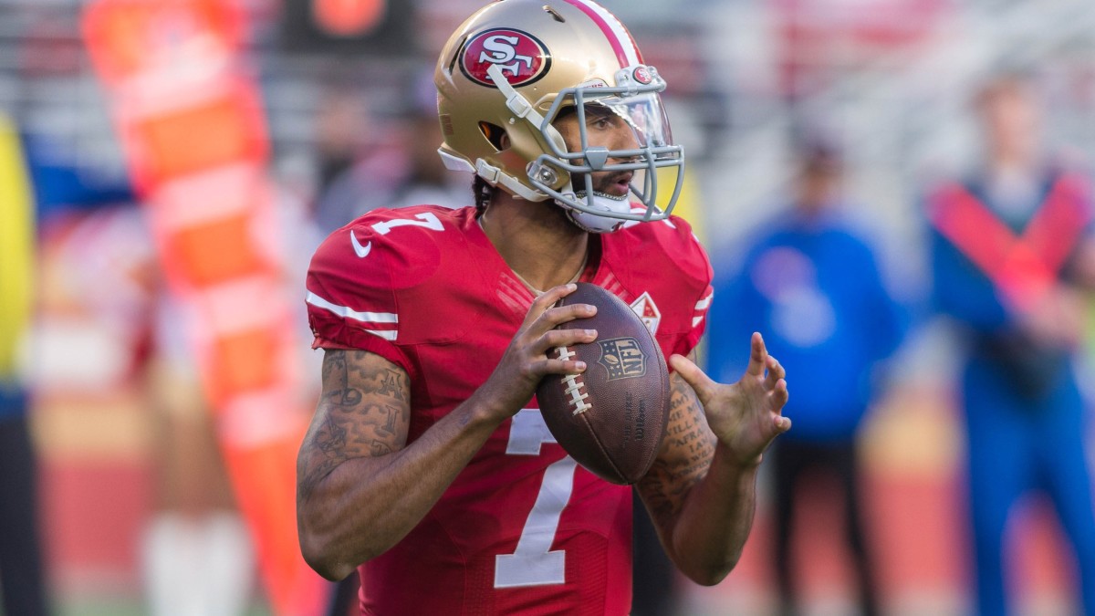 Colin Kaepernick looks down field during the second quarter against the Seattle Seahawks at Levis Stadium in 2017.