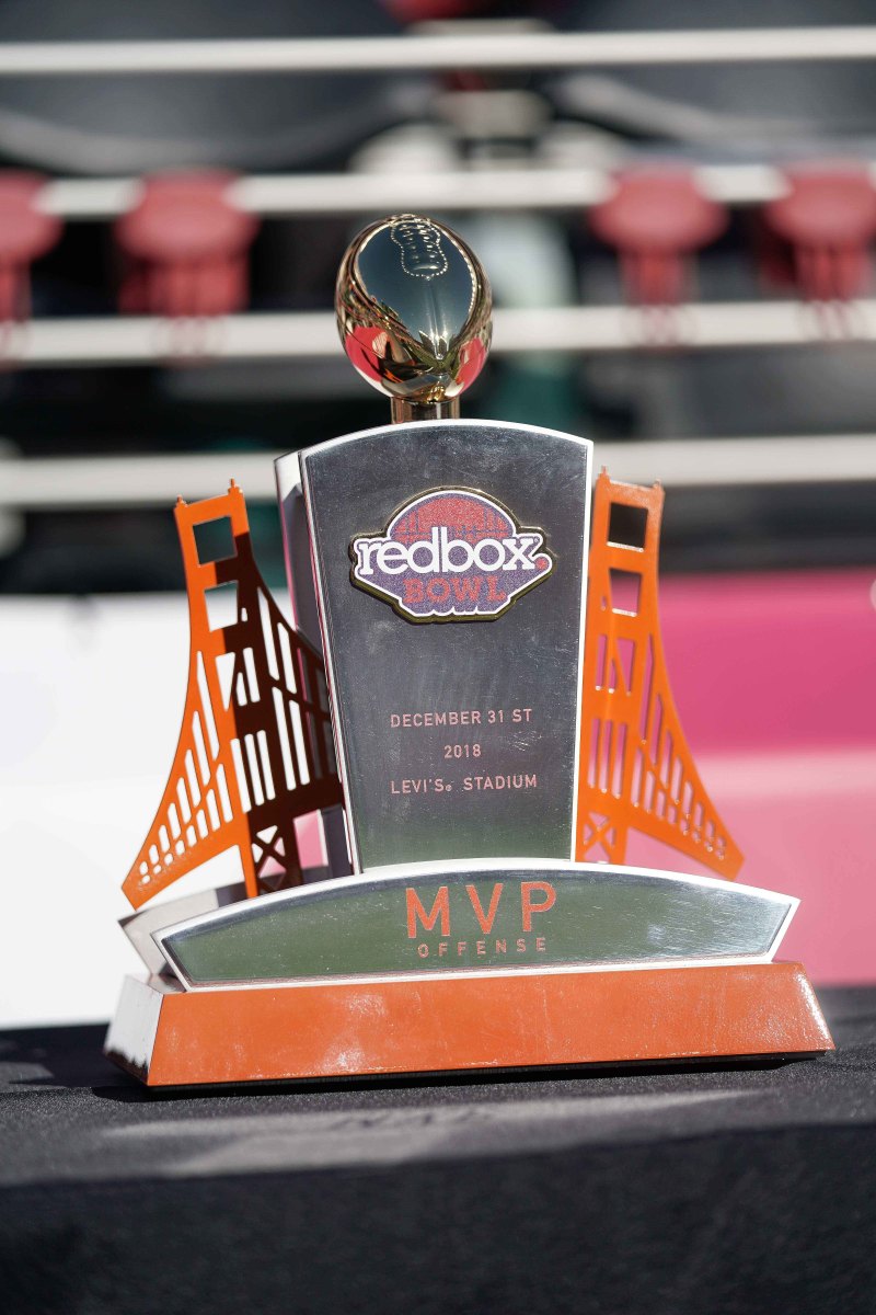 The offensive MVP trophy in the game between the Oregon Ducks and the Michigan State Spartans during the second quarter at Levi's Stadium.