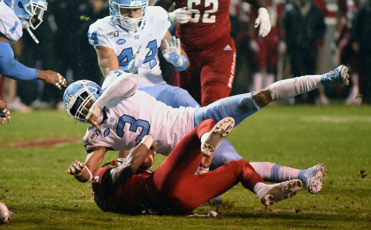 Wide receiver Tabari Hines is tackled after making one of his team-leading seven catches on Saturday