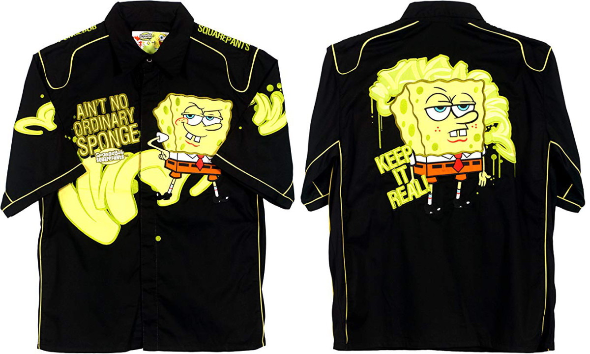 Front and back of NASCAR-style SpongeBob Squarepants shirt worn by Larry Walker