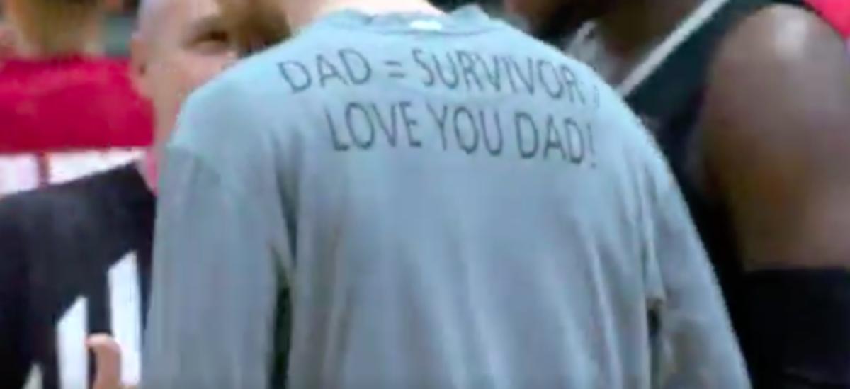 On a night all about cancer awareness, Purdue's Evan Boudreaux made sure to give a shoutout to his father Terry on his warm-up shirt. His dad is a cancer survivor.