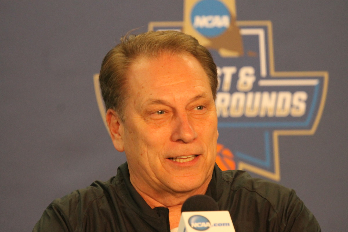 Excited Tom Izzo prior to the 2016 NCAA Tournament 1st round game in St Louis.  Photo courtesy of Sofiya Stumpos.