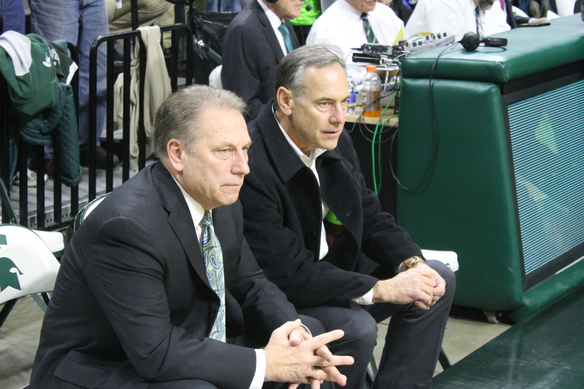 Tom Izzo and Mark Dantonio share a moment before a Big Ten Basketball game in 2016.  Photo courtesy of Sofiya Stumpos.