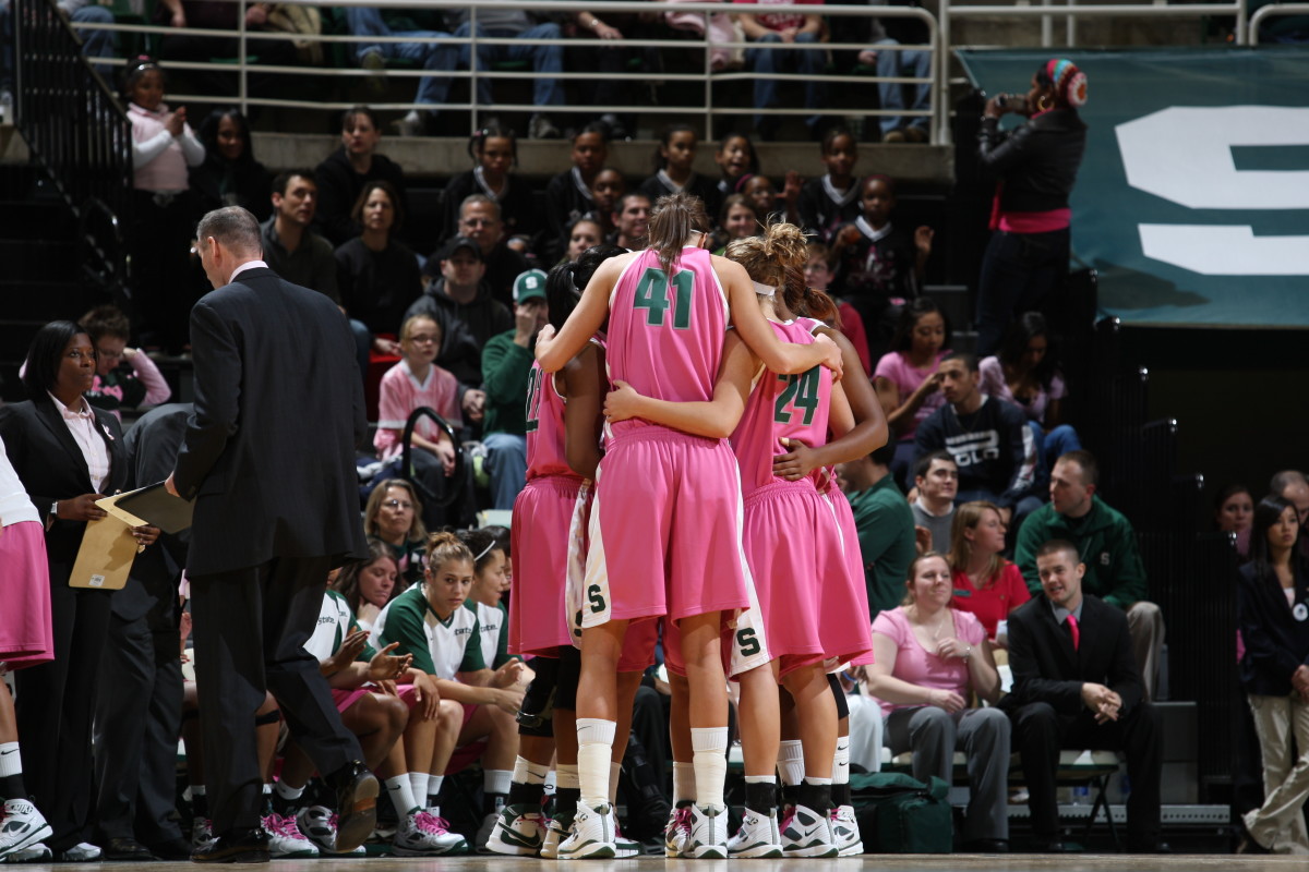 The Spartans will play in pink to draw attention to an important cause.  Photo courtesy of Jim Donatelli MSU SID.