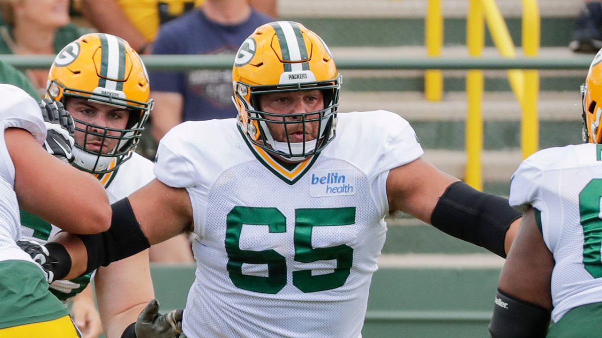 Green Bay Packers guard Lane Taylor (65) on the scrimmage line during the  first half of