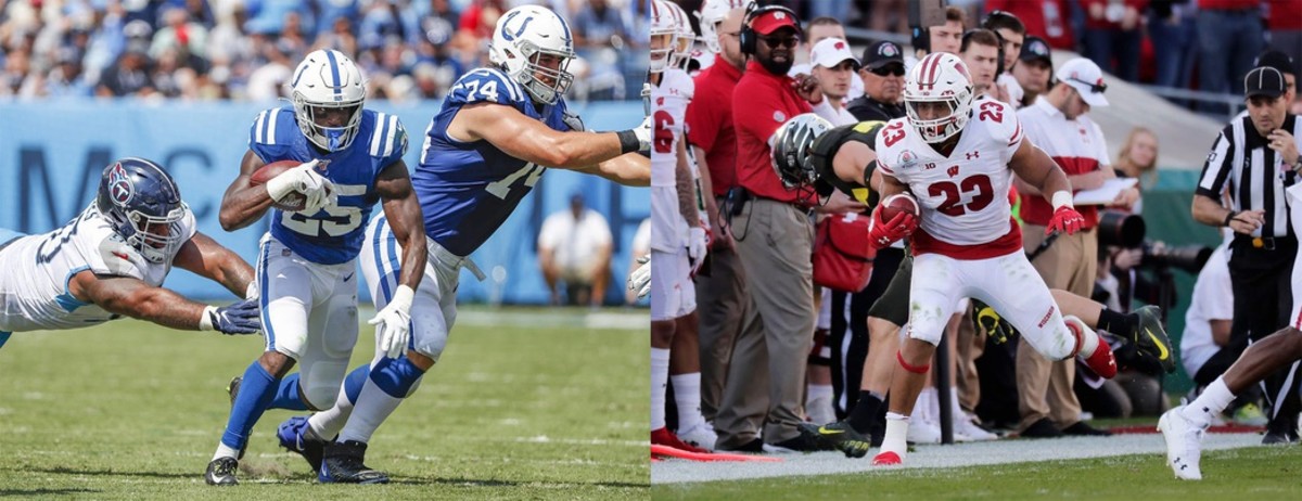 The Indianapolis Colts plan to utilize the running-back tandem of 2019 leading rusher Marlon Mack (left) and rookie Jonathan Taylor (right) in 2020.