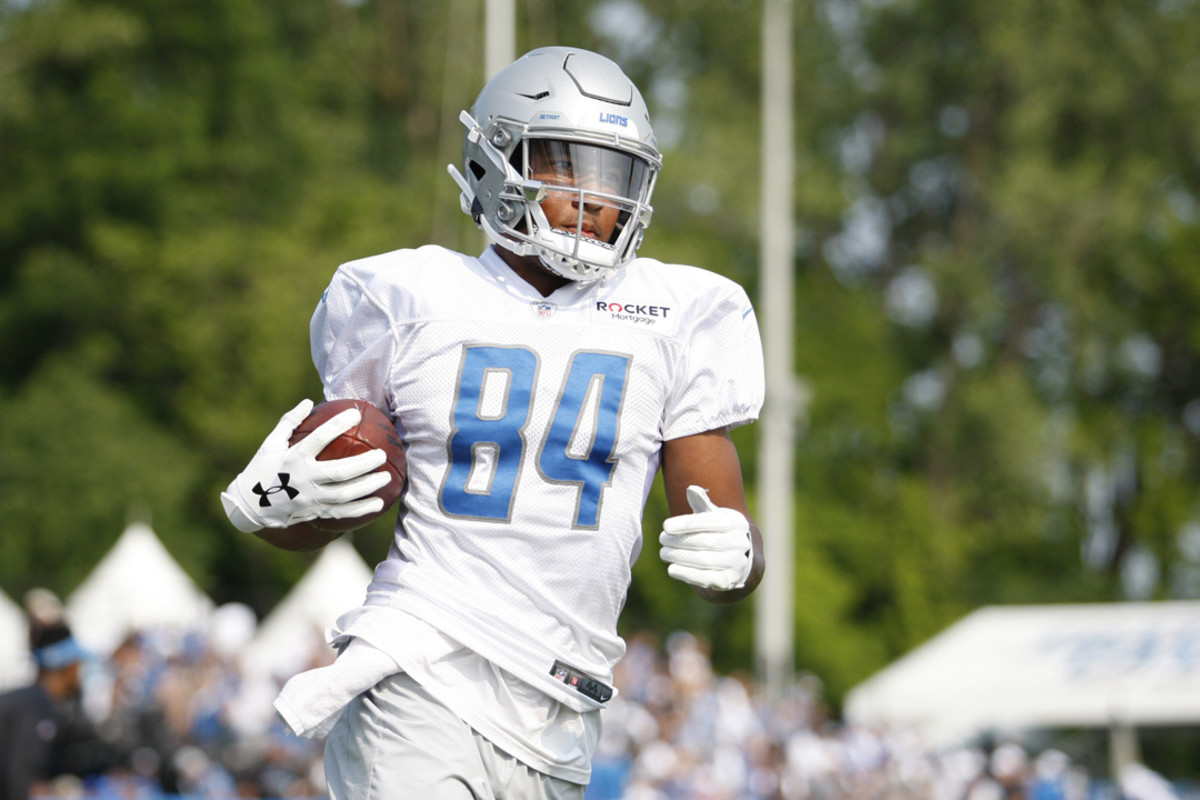 Wide receiver Travis Fulgham of the Detroit Lions jogs on the field