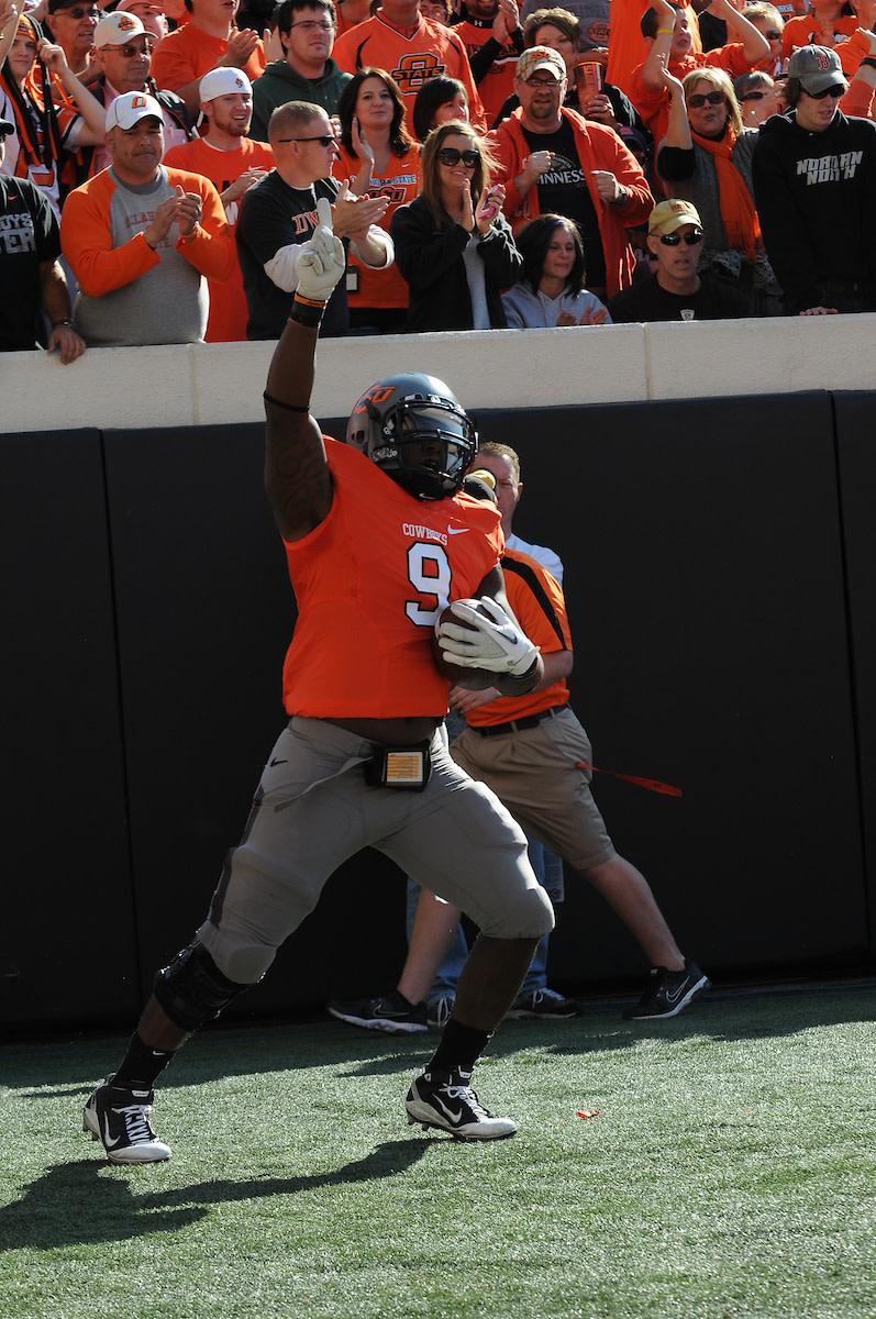 Kye Staley celebrates his first touchdown since coming back from a knee injury in 2011 against Baylor.