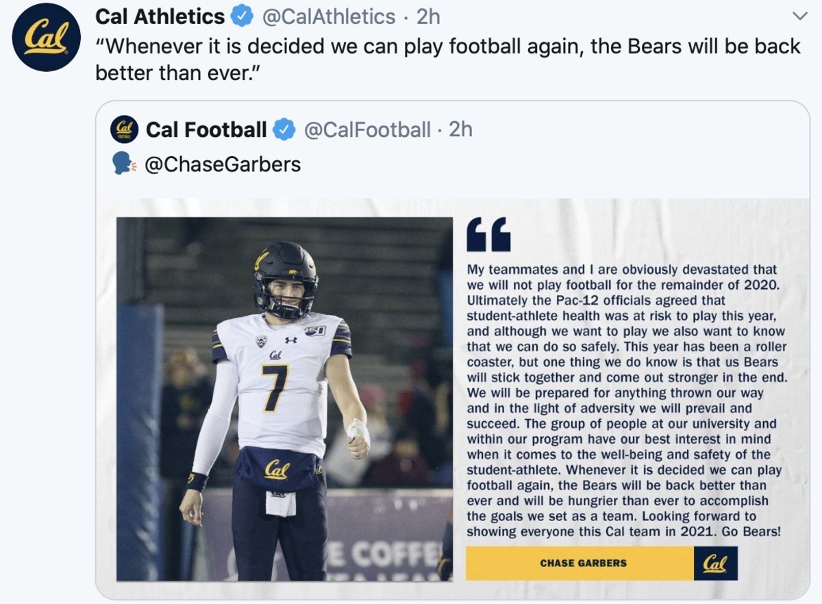 Chase Garbers reacts to the news the Pac-12 will shut down football this fall.