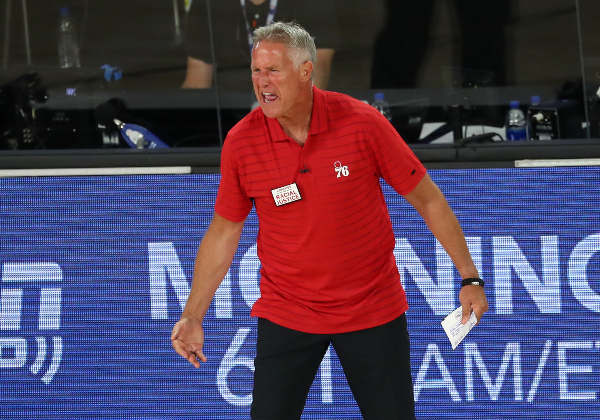 Philadelphia 76ers head coach Brett Brown reacts after receiving a technical foul against the Boston Celtics during the third quarter in game four of an NBA basketball first-round playoff series