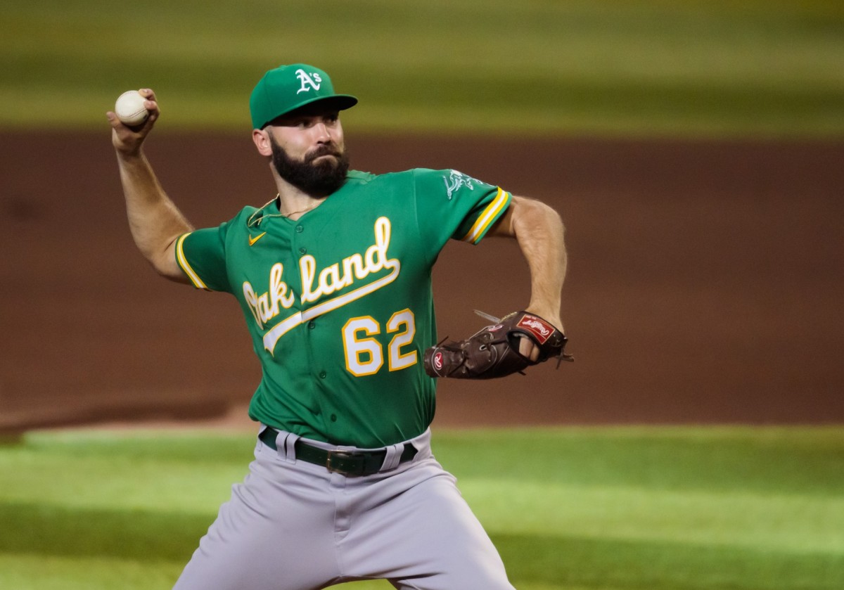 Oakland Athletics pitcher Lou Trivino pitching during the ninth