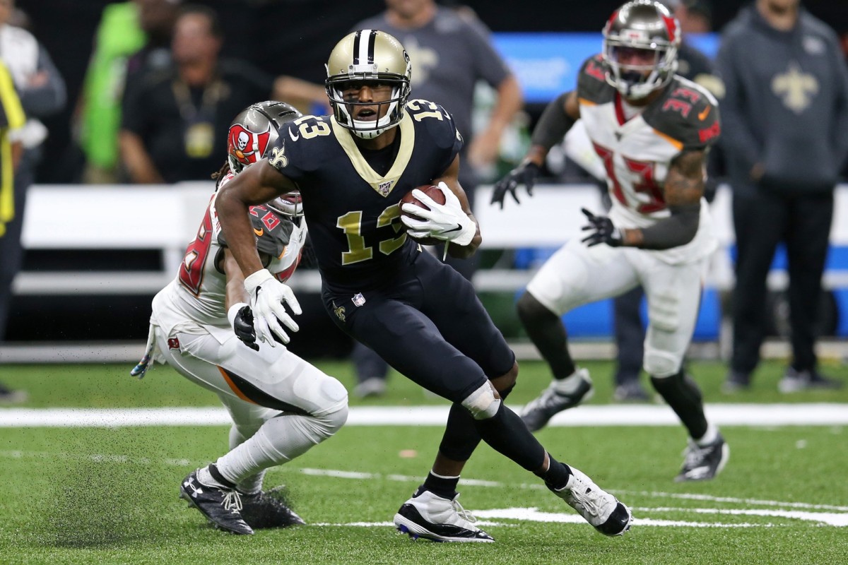 Tampa, Florida, USA. 17th Nov, 2019. Tampa Bay Buccaneers linebacker Devin  White (45) tackles New Orleans Saints wide receiver Michael Thomas (13)  during the NFL game between the New Orleans Saints and