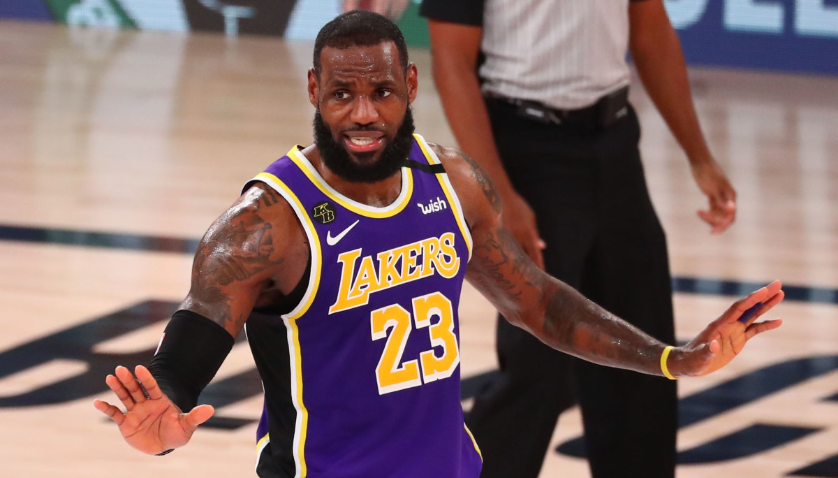 Los Angeles Lakers forward LeBron James (23) reacts against the Denver Nuggets during the fourth quarter in game five of the Western Conference Finals of the 2020 NBA Playoffs at AdventHealth Arena.