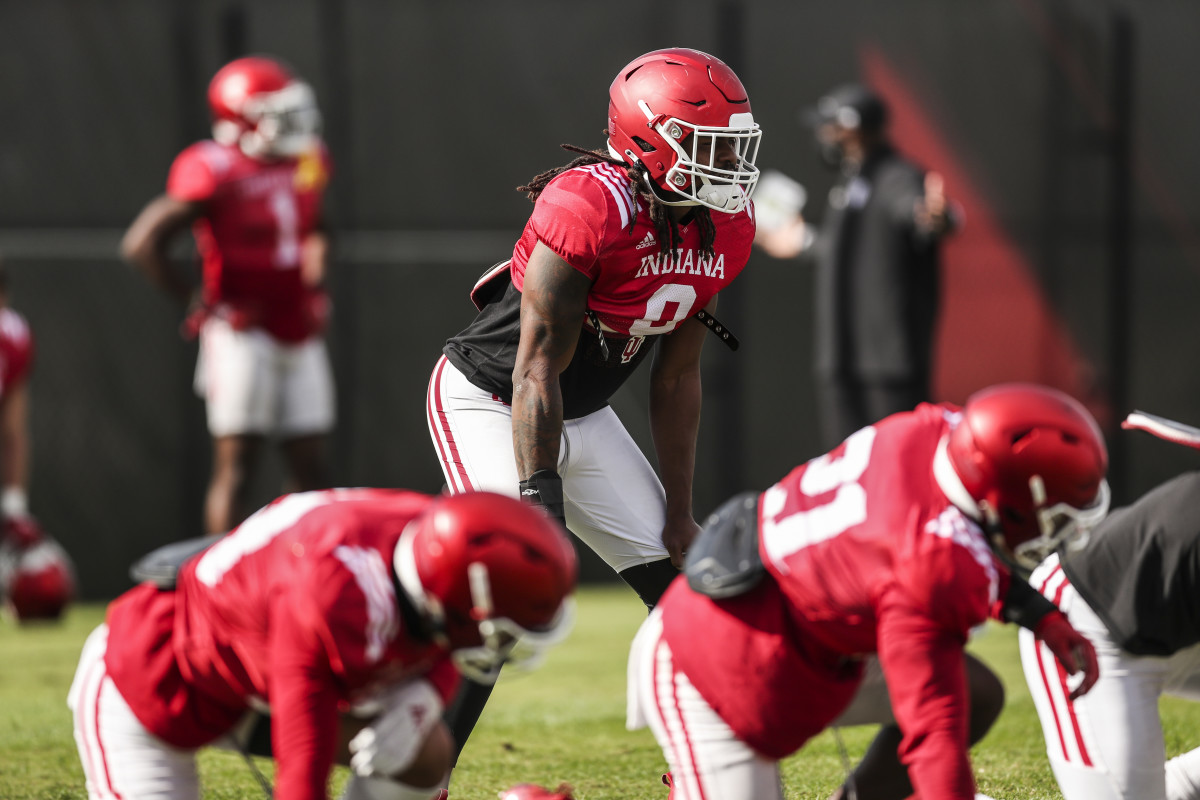 Linebacker James Miller lines up during Indiana's practice on Wednesday, Sept. 30.