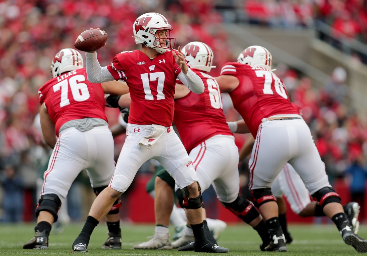 Wisconsin quarterback Jack Coan (17) has started 18 games for the Badgers, but he's going to miss a few weeks this season after having foot surgery on Tuesday. (Mike DiSisti/USA TODAY Sports)