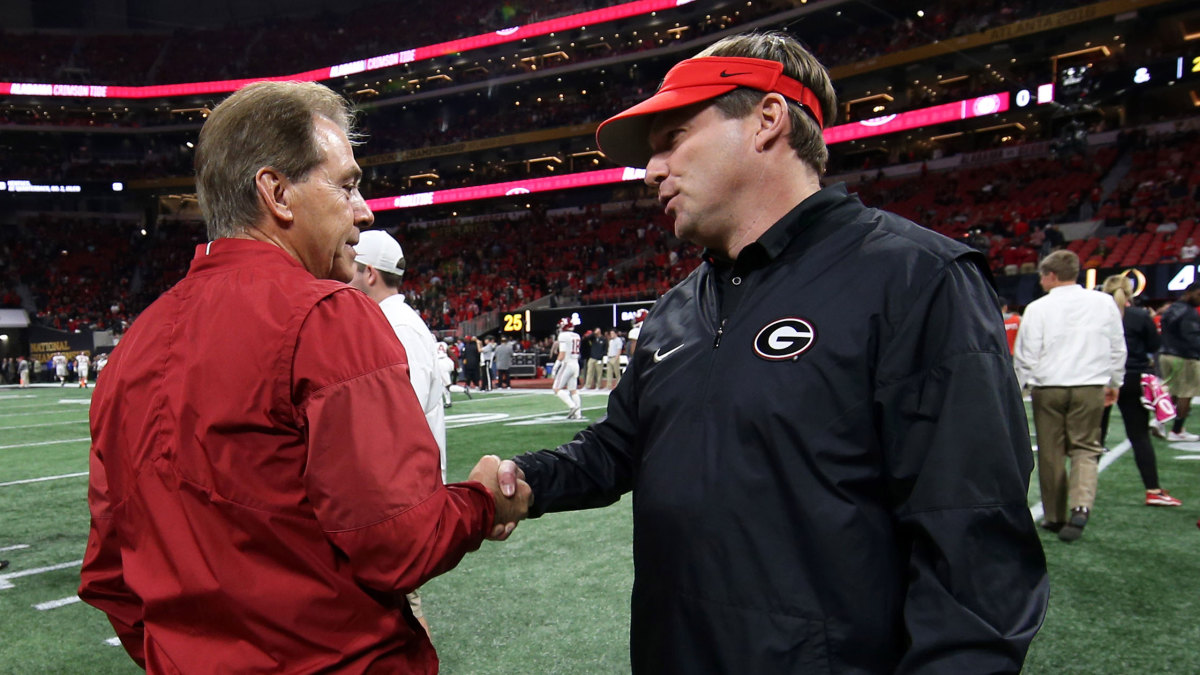 Nick Saban and Kirby Smart shake hands