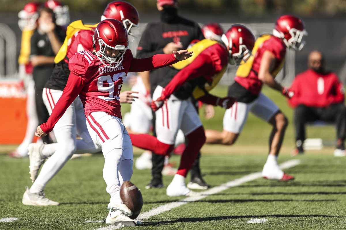 Indiana kicker Charles Campbell kicks the ball down the field during Indiana's fall camp on Oct. 5.