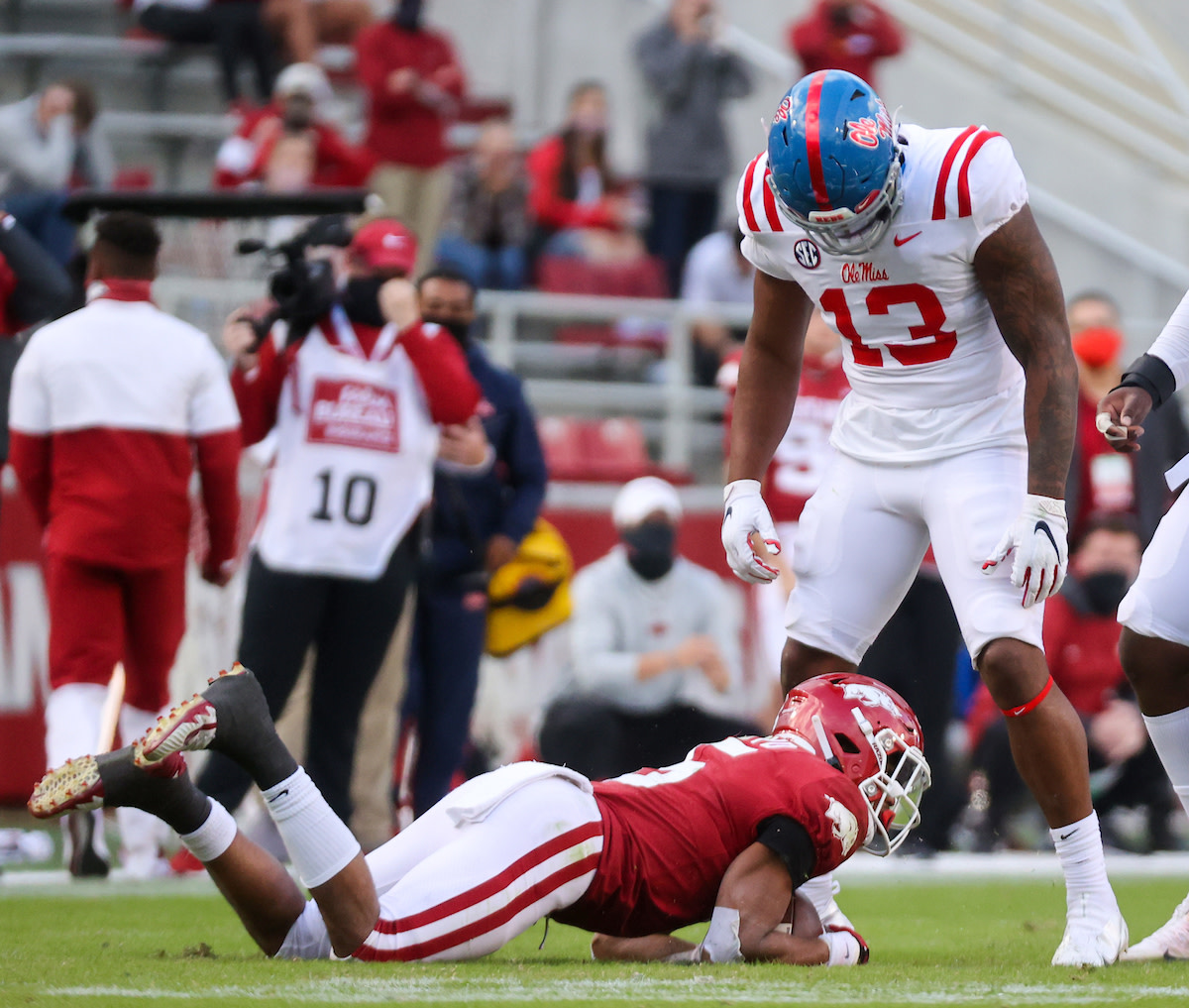 Ole Miss Football vs Arkansas on October 17th, 2020 in Fayetteville, Arkansas.Photo by Joshua McCoy/Ole Miss Athletics