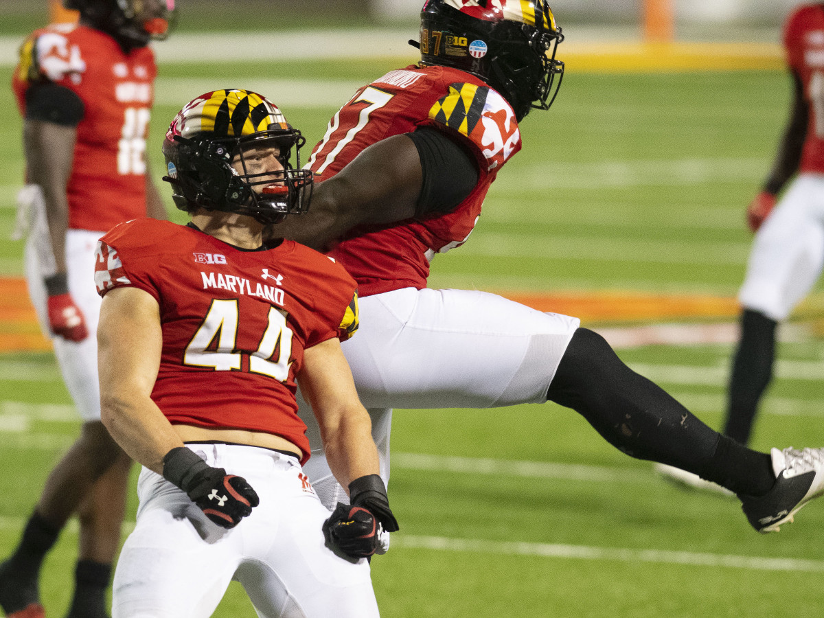 Maryland Terrapins linebacker Chance Campbell (44) reacts after the play during the fourth quarter against the Maryland Terrapins A\ quarter at Capital One Field at Maryland Stadium.