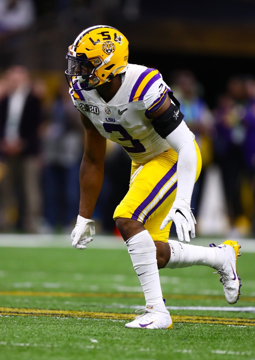 Jan 13, 2020; New Orleans, Louisiana, USA; LSU Tigers safety JaCoby Stevens (3) in action against the Clemson Tigers in the College Football Playoff national championship game at Mercedes-Benz Superdome. Mandatory Credit: Matthew Emmons-USA TODAY Sports