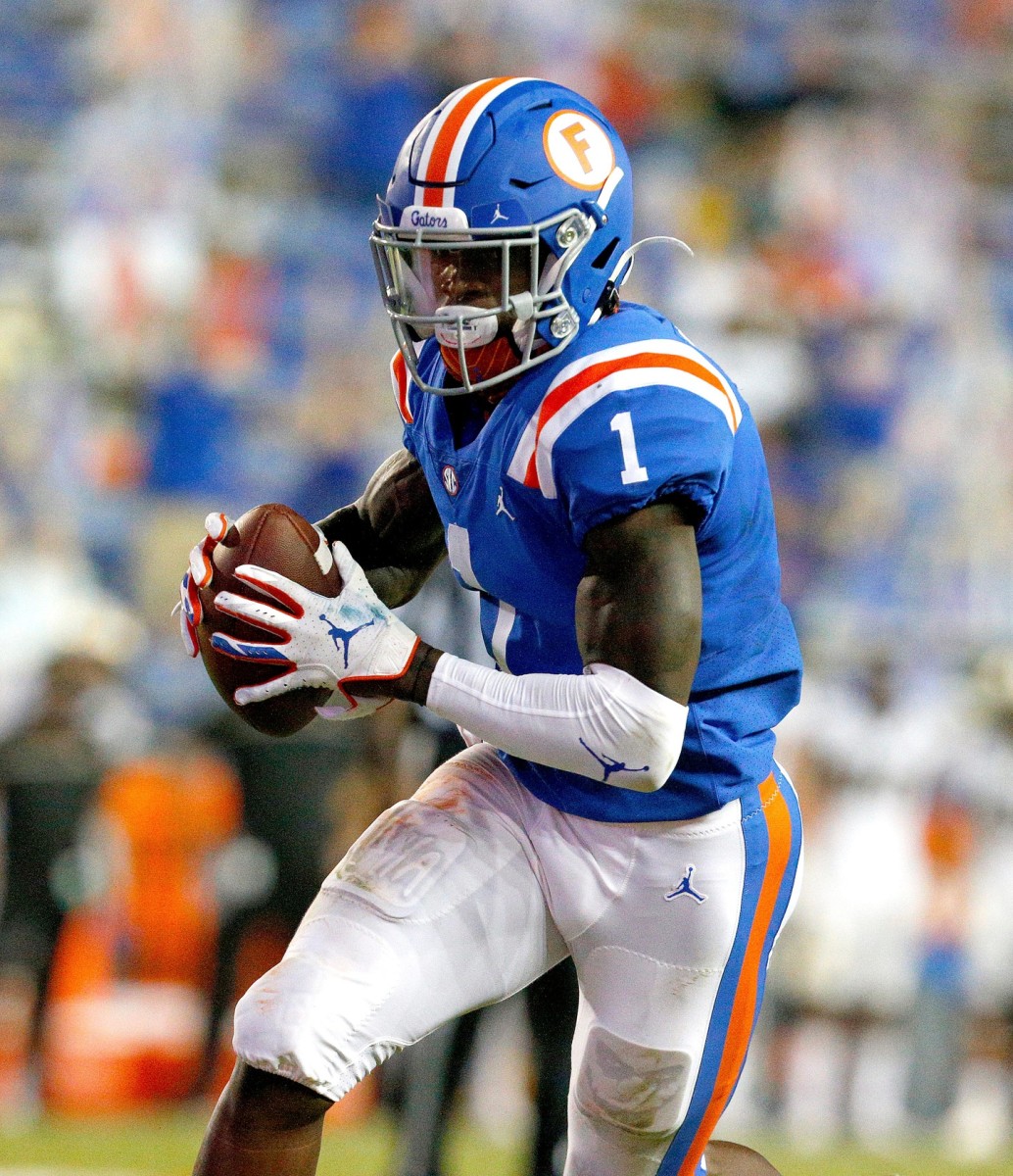 University of Florida receiver Kadarius Toney (1) celebrates a touchdown during a game against the Missouri Tigers at Ben Hill Griffin Stadium in Gainesville, Fla. Oct. 31, 2020. [Brad McClenny/The Gainesville Sun] Florida Missouri 30